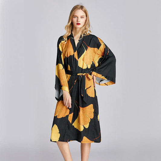 Ginkgo Ice Silk V-neck Bathrobe Pajama - Black&Yellow - One size fits all - image 0