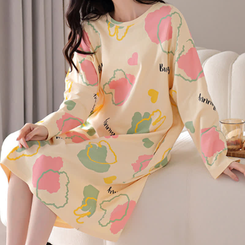 Cartoon Ropund-neck Cotton Long Nightgown