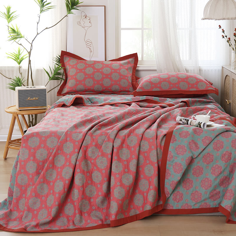 Ownkoti Flower Woven Cotton Gauze Reversible Quilt - 2PCS Pillowcases - Red & Lake Blue - 19" × 31" - image 0