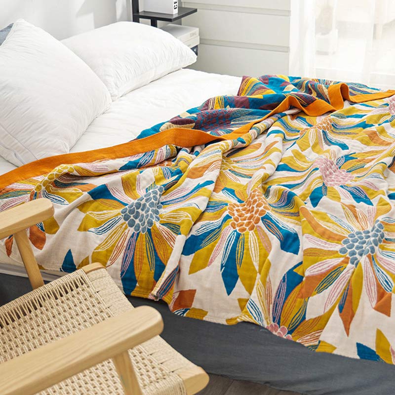 Ownkoti Yellow Flower Print Cotton Reversible Quilt