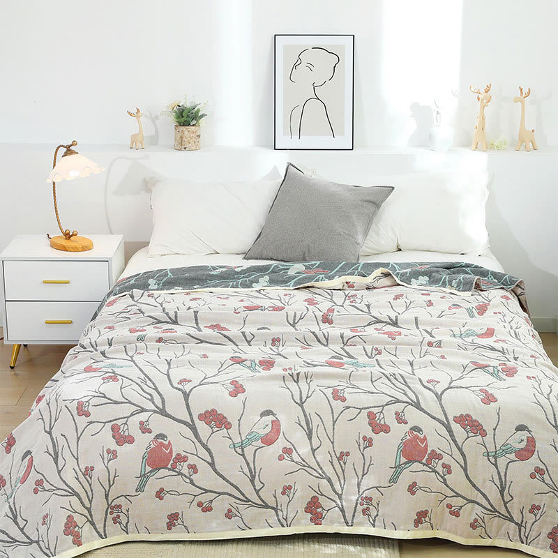 Hawthorn Tree Bird Cotton Reversible Quilt