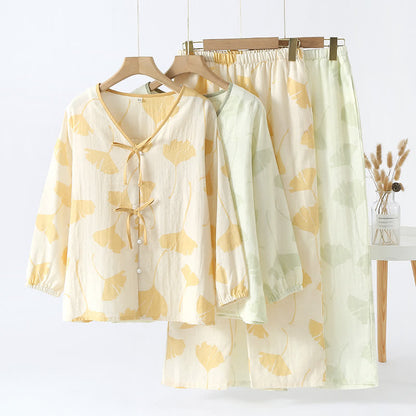 Ginkgo Leaf Bowknot Cotton Loungewear Set