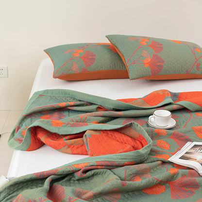 Orange Ginkgo Leaf Cotton Reversible Quilt