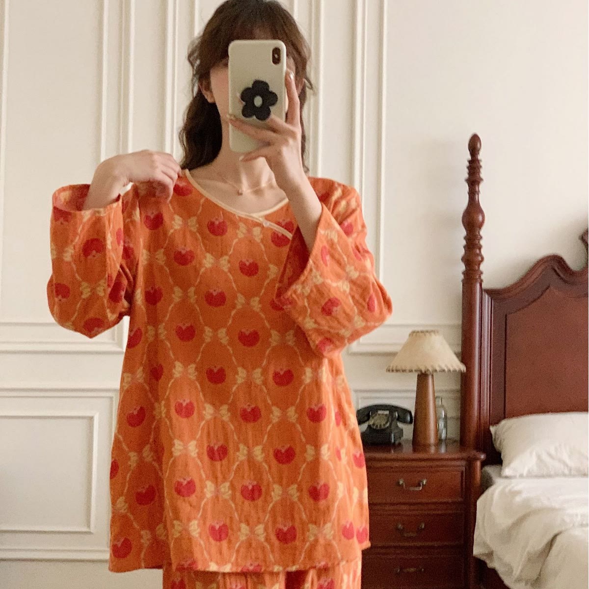 Yarn-dyed Jacquard Persimmon Cotton Pajama Set