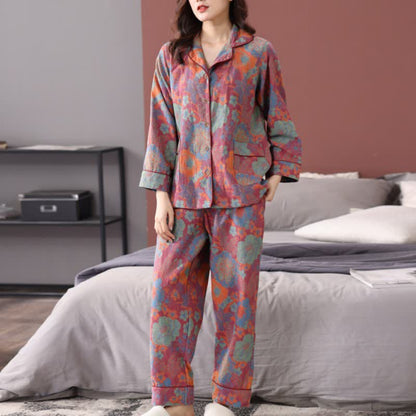 Luxurious Floral Lapel Cotton Pajama Set