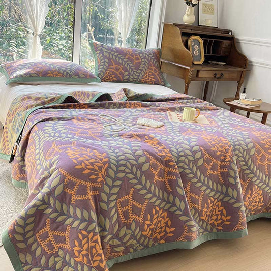 Green & Orange Leaf Cotton Reversible Quilt