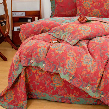 Flower Print Red Cotton Bedding Sets(4PCS)