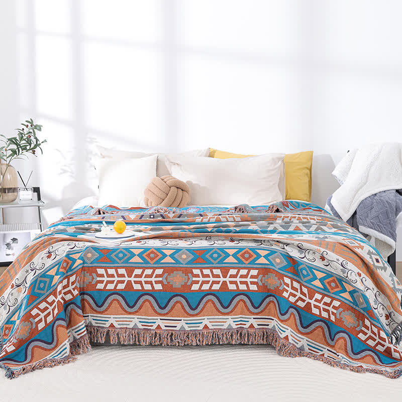 Cotton Gauze Retro Geometric Tassel Quilt