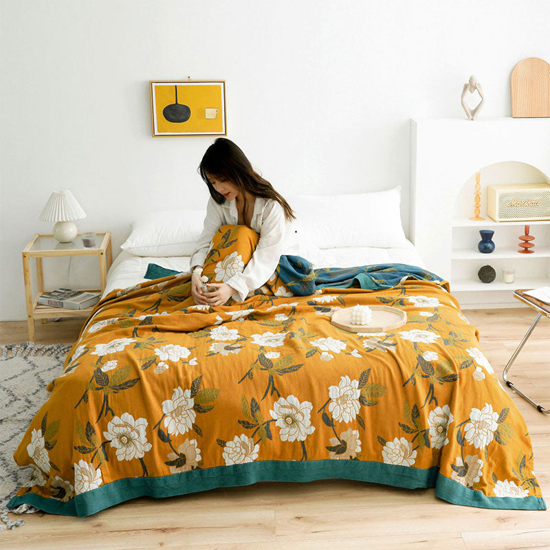 Ownkoti Boho Yellow Flower Reversible Cotton Quilt