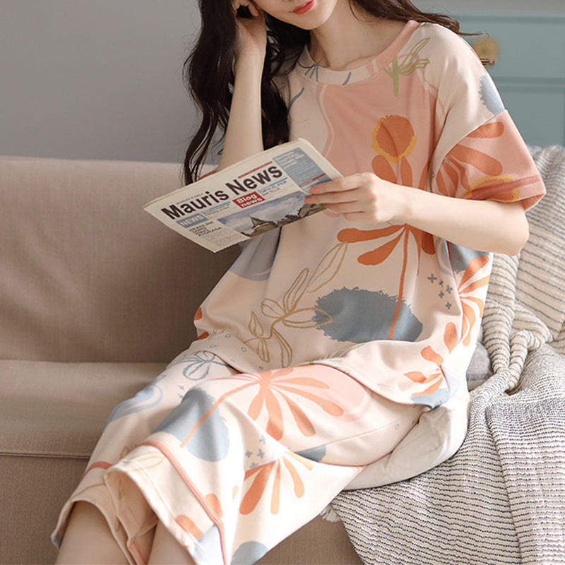 Flower Leaf Print Cotton Loungewear Set