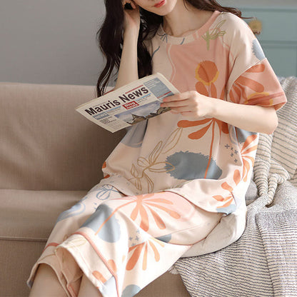 Flower Leaf Print Cotton Loungewear Set