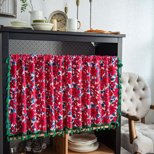 Red Flower Print Tassel Tier Curtain