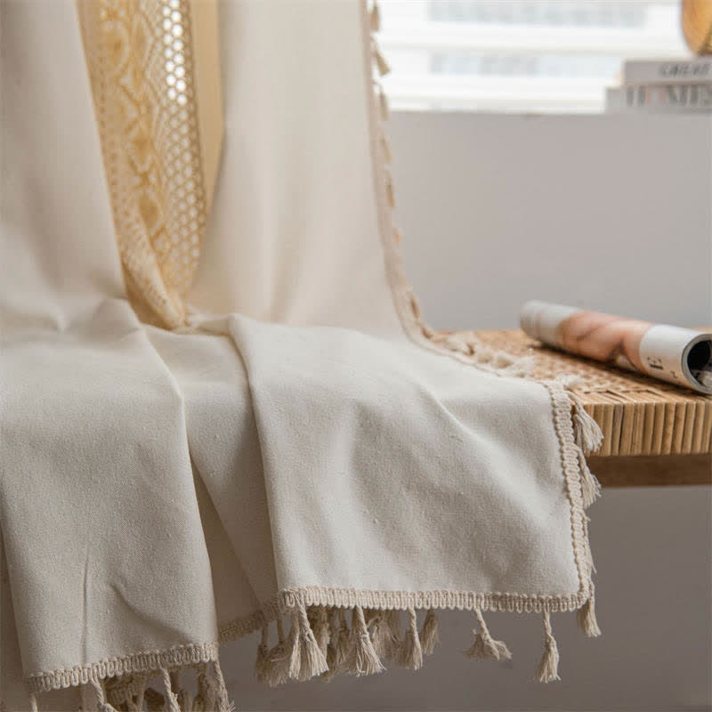 Beige Hollow-Out Light Filtering Tassel Curtain