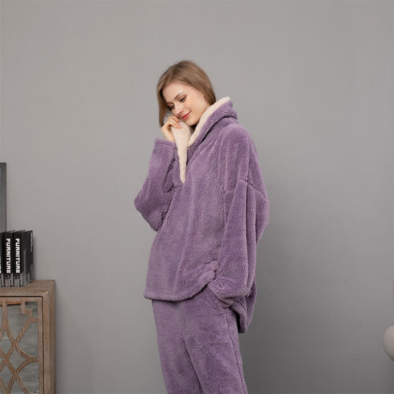 Ownkoti Simple V-Neck Warm Winter Loungewear Set