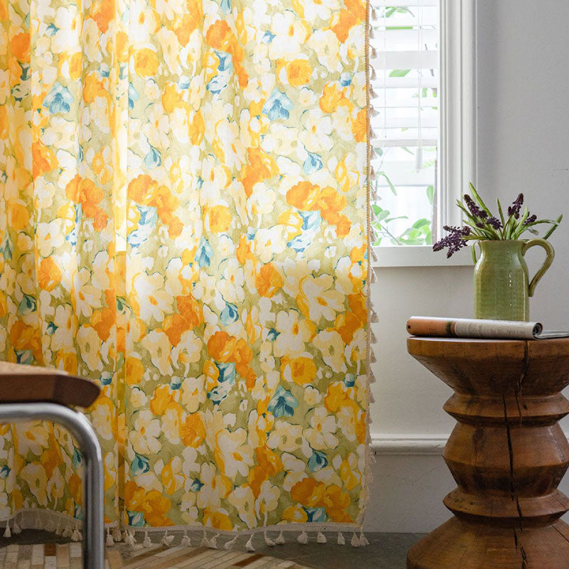 Yellow Flower Cotton Linen Curtain