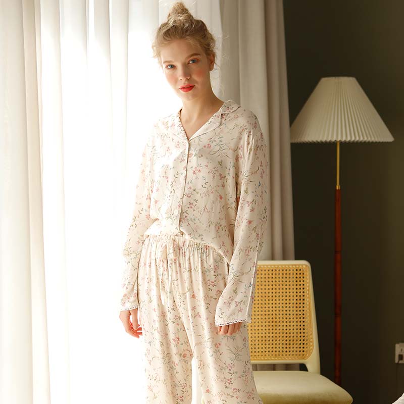 Ownkoti Floral Satin V-Neck Long Sleeve Loungewear