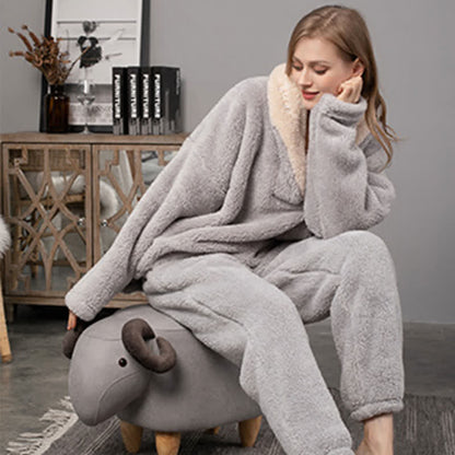 Ownkoti Simple V-Neck Warm Winter Loungewear Set