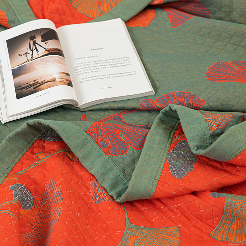 Orange Ginkgo Leaf Cotton Reversible Quilt - image 11