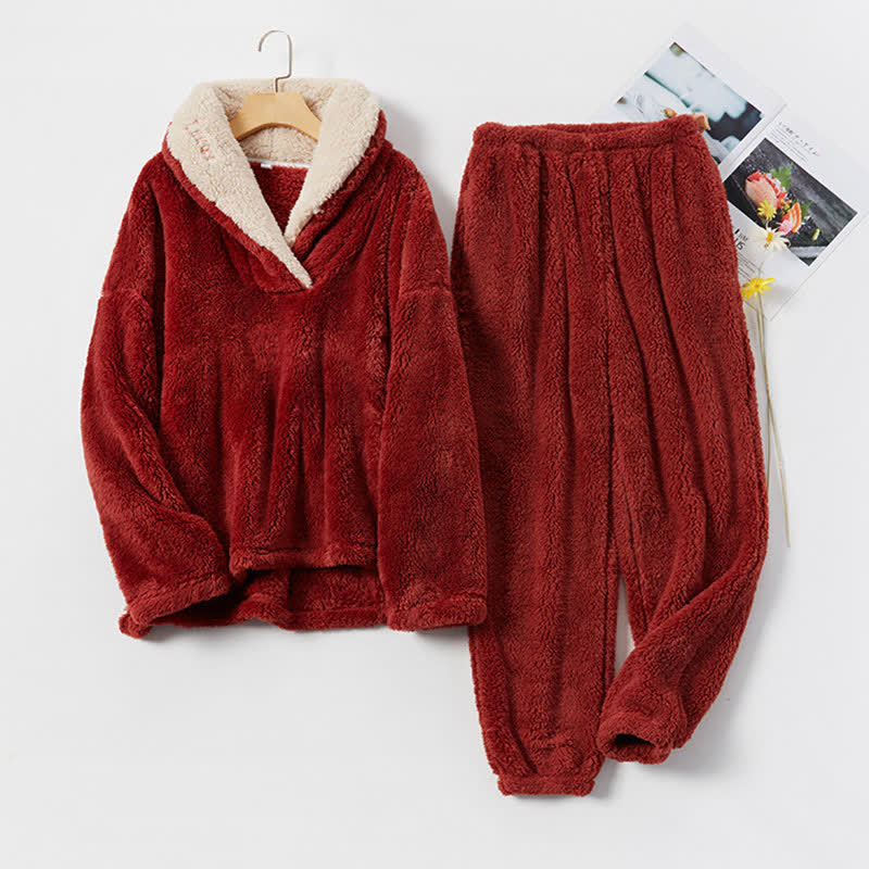 Ownkoti Simple V-Neck Warm Winter Loungewear Set