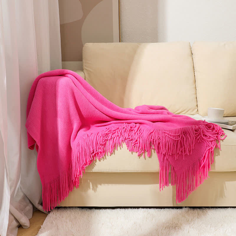 Simple Solid Color Tassel Throw Blanket