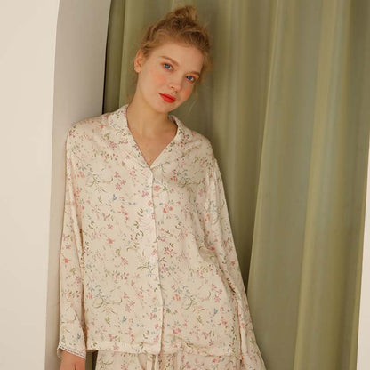 Ownkoti Floral Satin V-Neck Long Sleeve Loungewear