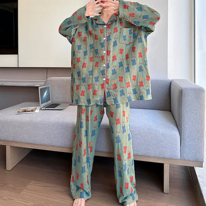 Plus Size Bear Cotton Lapel Loungewear Set