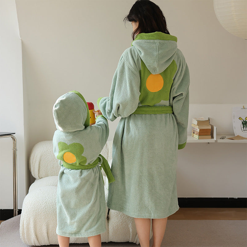 Flower Colorblock Cotton Hooded Bathrobe