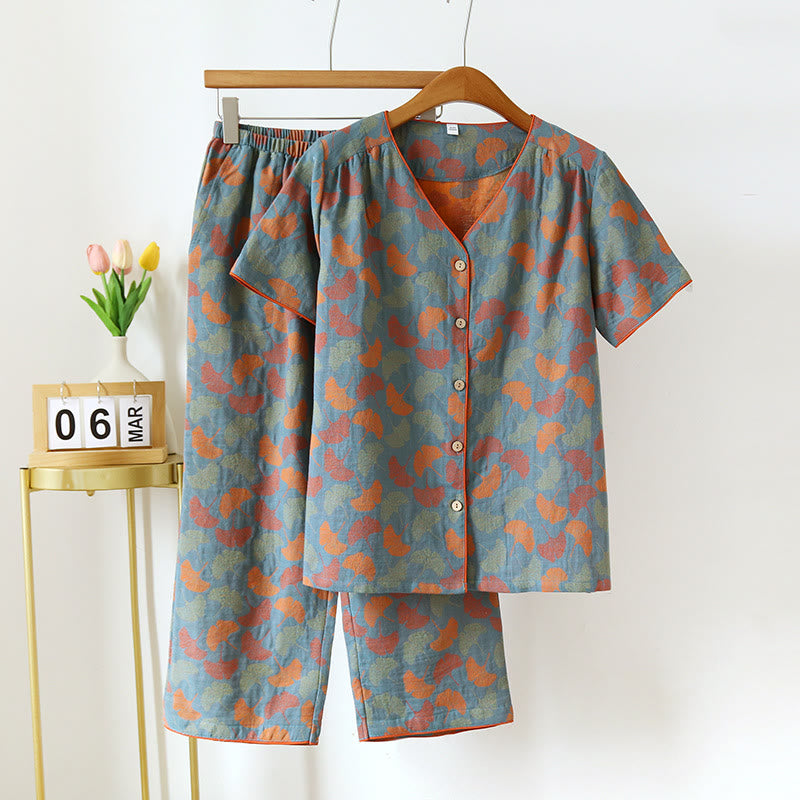 Ginkgo Leaf Jacquard V-neck Short Loungewear