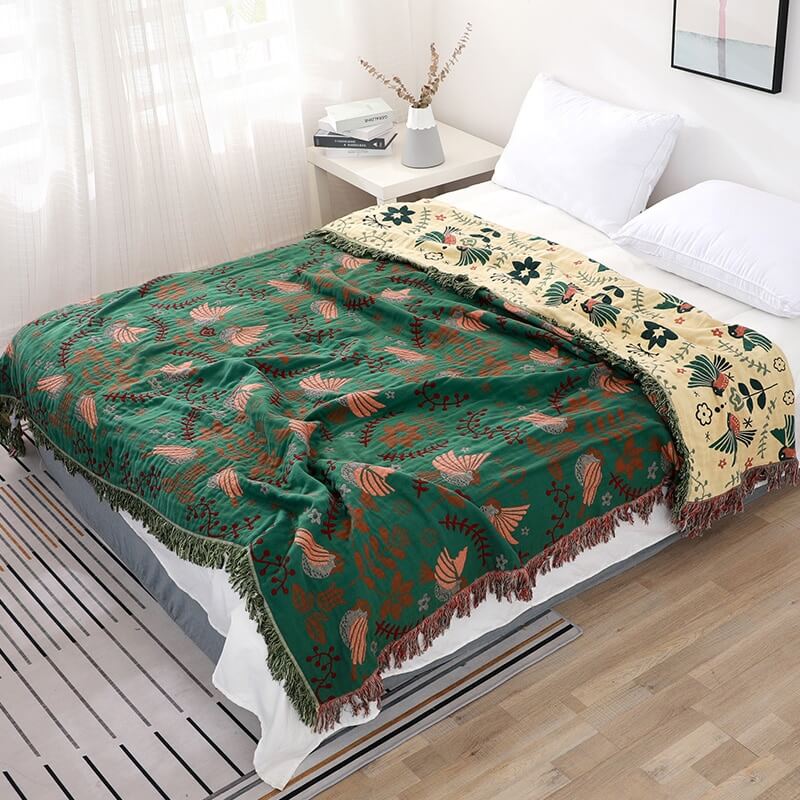 Ownkoti Boho Breathable Flower Bird Reversible Blanket