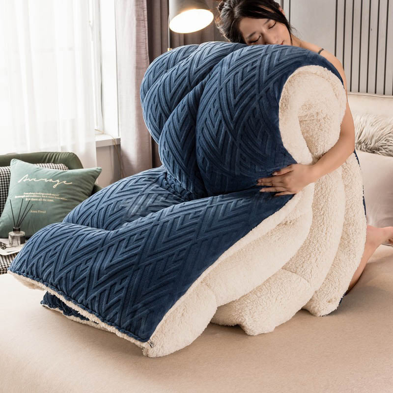 Thick Sherpa Winter Blanket with Quilt Core - Dark Blue & White - King - image 23