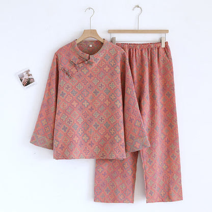Yarn-dyed Jacquard Cotton Loungewear Set - Pink - M - image 1