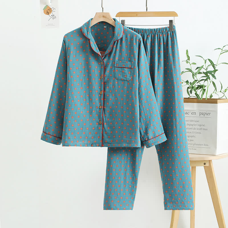 Checkered Jacquard Cotton Loungewear Set - Blue & Orange - XL - image 0