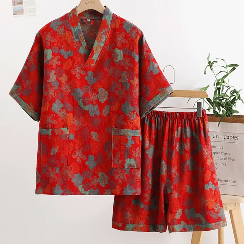 Rural Style Cotton Gauze V-neck Nightwear Set - Red - XL - image 0