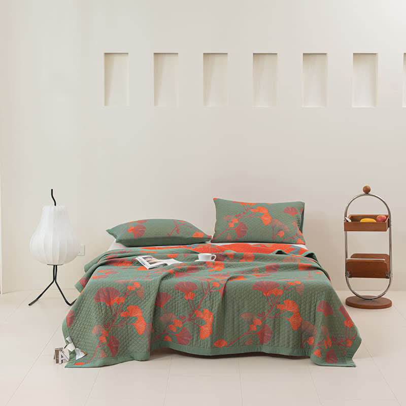 Orange Ginkgo Leaf Cotton Reversible Quilt - Green & Orange - Quilt with 2pcs Pillowcases - King - image 1