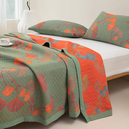 Orange Ginkgo Leaf Cotton Reversible Quilt - image 5