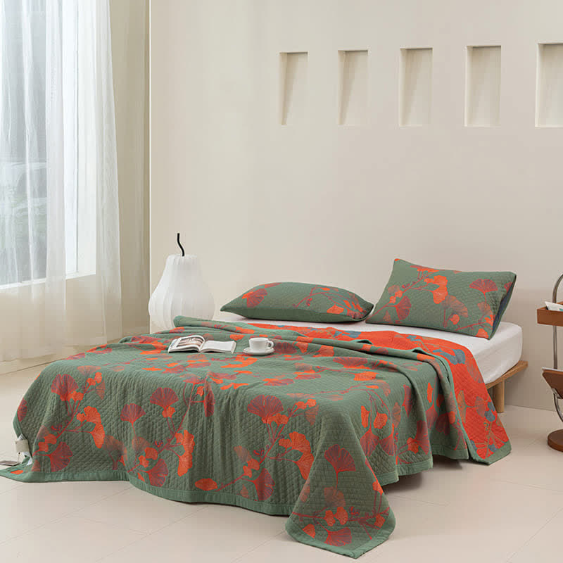 Orange Ginkgo Leaf Cotton Reversible Quilt - image 3