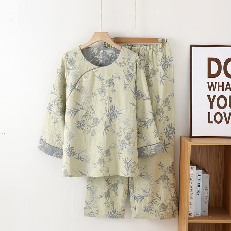 Pure Cotton Round-neck Bamboo Nightwear Set - Light Green - XL - image 2