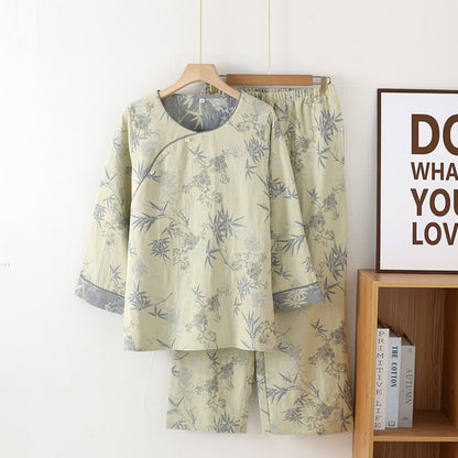 Pure Cotton Round-neck Bamboo Nightwear Set - Light Green - XL - image 2