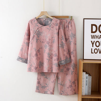 Pure Cotton Round-neck Bamboo Nightwear Set - Dark Pink - XL - image 3