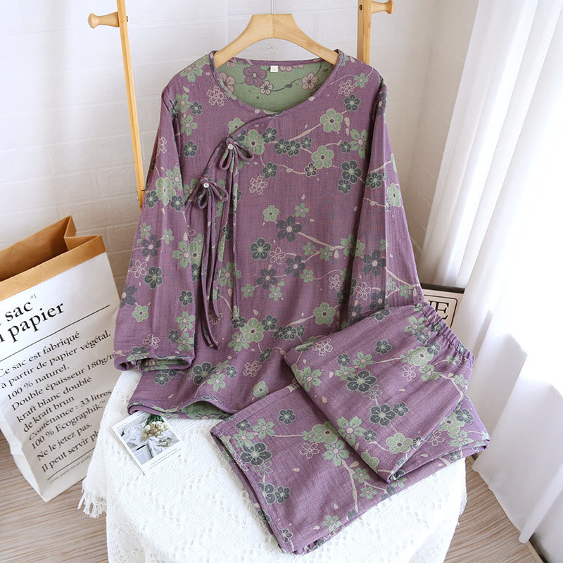Plum Blossom Bowknot Pure Cotton Loungewear Set - Purple - XL - image 1