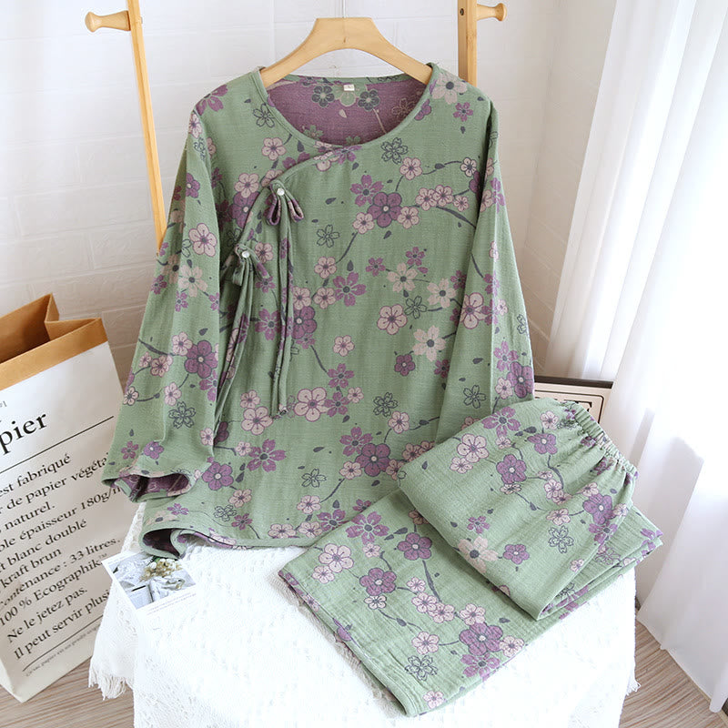 Plum Blossom Bowknot Pure Cotton Loungewear Set - Green - XL - image 2