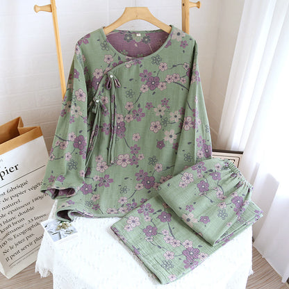 Plum Blossom Bowknot Pure Cotton Loungewear Set - Green - XL - image 2