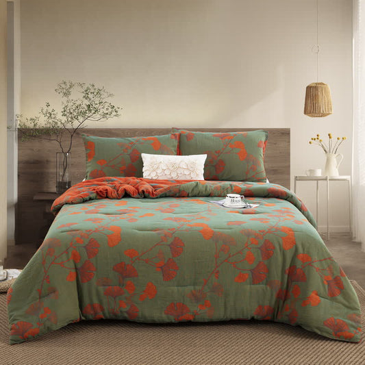 Rustic Ginkgo Leaf Cotton Gauze Bedding  - Quilt with 2pcs Pillowcases - Green & Orange - King - image 0