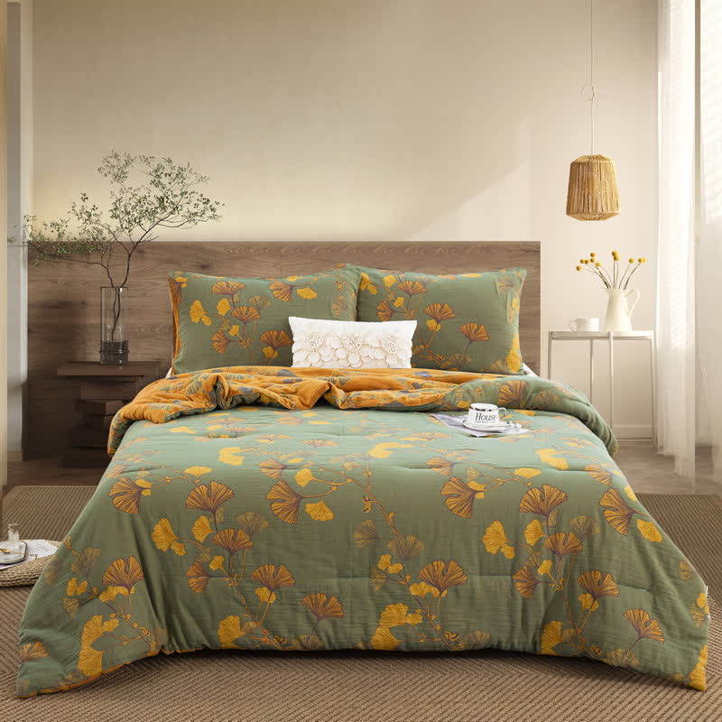 Rustic Ginkgo Leaf Cotton Gauze Bedding  - Quilt with 2pcs Pillowcases - Green & Yellow - King - image 18