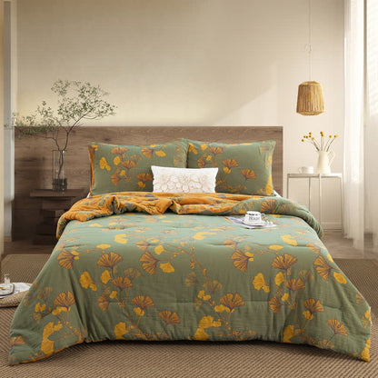 Rustic Ginkgo Leaf Cotton Gauze Bedding  - Quilt with 2pcs Pillowcases - Green & Yellow - King - image 18
