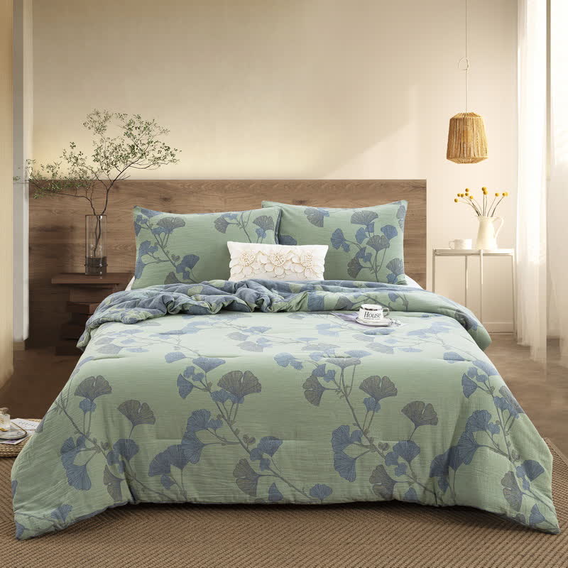 Rustic Ginkgo Leaf Cotton Gauze Bedding  - Quilt with 2pcs Pillowcases - Green - King - image 5