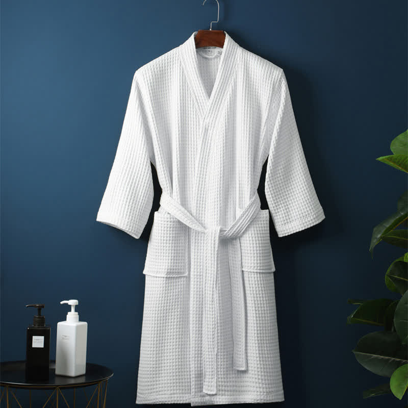 Ownkoti Simple Solid Color Cotton V-neck Bathrobe - White - XL - image 5
