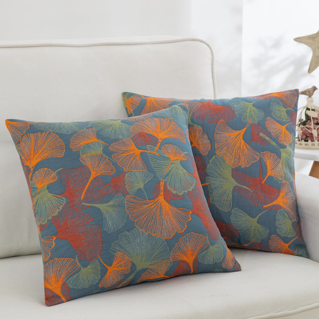 Yarn-dyed Ginkgo Leaf Cotton Gauze Pillowcases(2PCS) - Dark Blue & Orange - 20" x 36" - image 0
