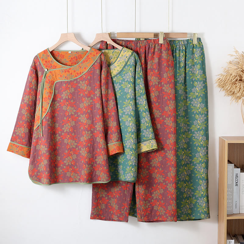 Floral Frog Closure Cotton Gauze Pajama Set - image 0