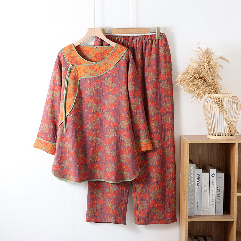 Floral Frog Closure Cotton Gauze Pajama Set - Dark Purple - XL - image 1